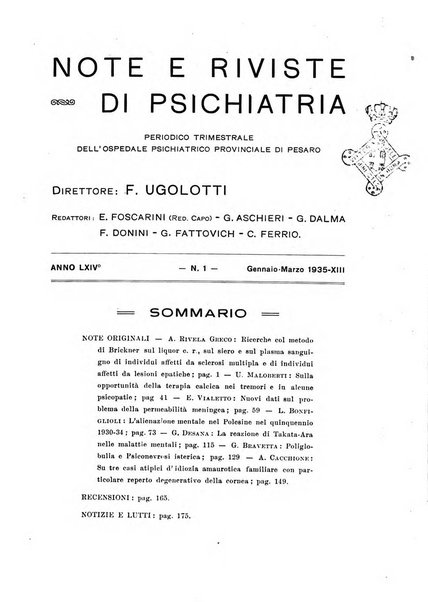 Note e riviste di psichiatria Manicomio provinciale di Pesaro