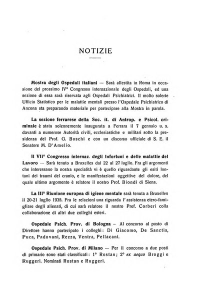 Note e riviste di psichiatria Manicomio provinciale di Pesaro