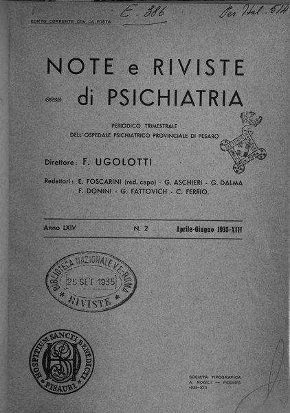 Note e riviste di psichiatria Manicomio provinciale di Pesaro