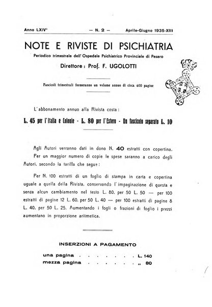 Note e riviste di psichiatria Manicomio provinciale di Pesaro