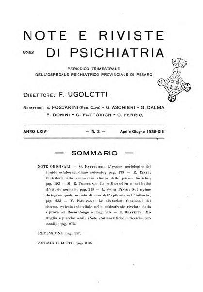 Note e riviste di psichiatria Manicomio provinciale di Pesaro