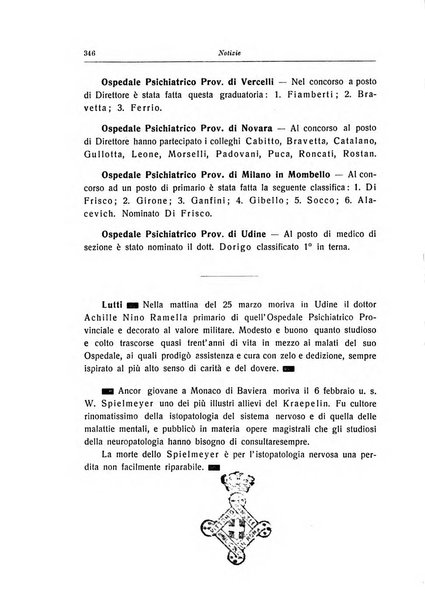 Note e riviste di psichiatria Manicomio provinciale di Pesaro