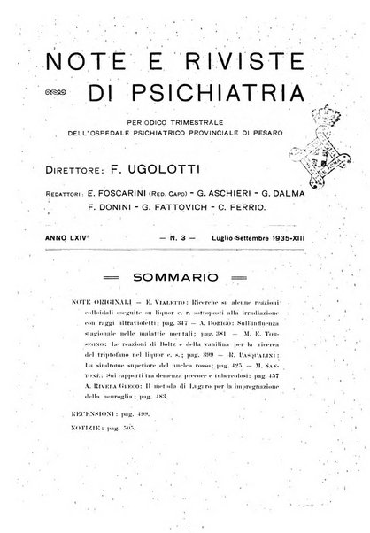 Note e riviste di psichiatria Manicomio provinciale di Pesaro