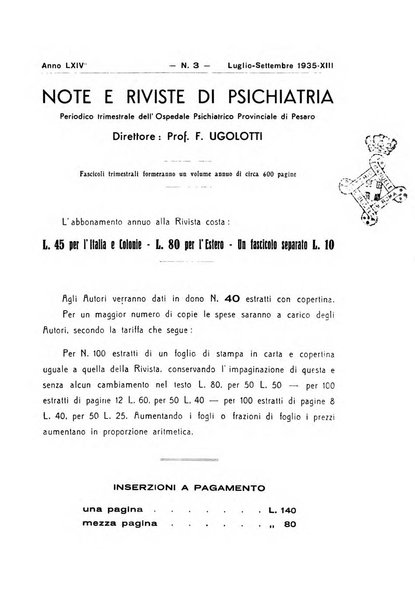 Note e riviste di psichiatria Manicomio provinciale di Pesaro