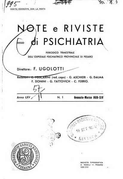 Note e riviste di psichiatria Manicomio provinciale di Pesaro