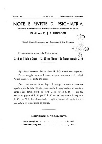 Note e riviste di psichiatria Manicomio provinciale di Pesaro