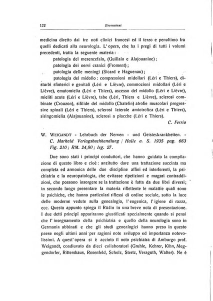 Note e riviste di psichiatria Manicomio provinciale di Pesaro