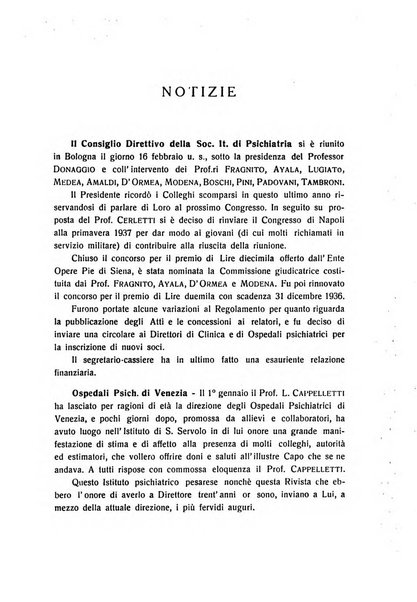 Note e riviste di psichiatria Manicomio provinciale di Pesaro