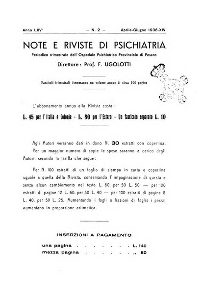 Note e riviste di psichiatria Manicomio provinciale di Pesaro