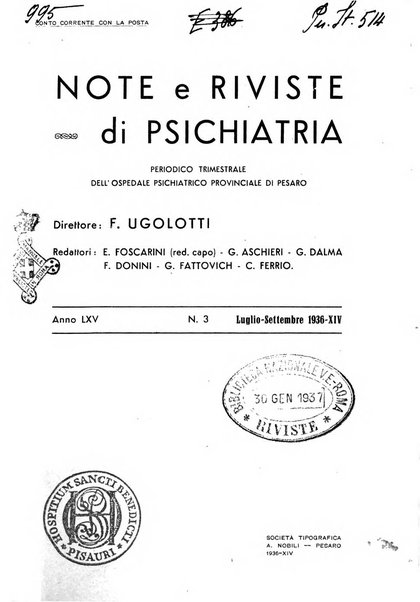 Note e riviste di psichiatria Manicomio provinciale di Pesaro