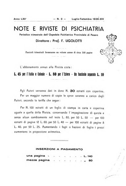 Note e riviste di psichiatria Manicomio provinciale di Pesaro