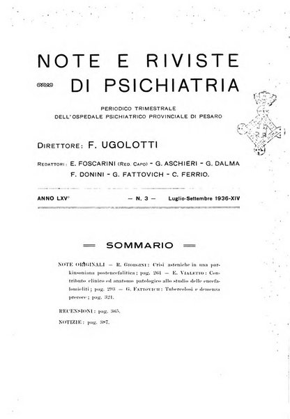 Note e riviste di psichiatria Manicomio provinciale di Pesaro