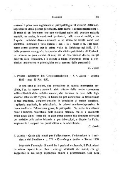 Note e riviste di psichiatria Manicomio provinciale di Pesaro