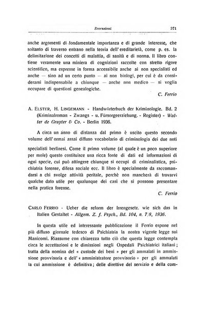 Note e riviste di psichiatria Manicomio provinciale di Pesaro