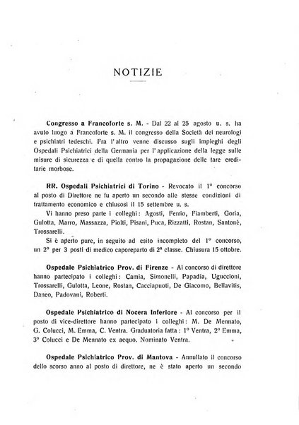 Note e riviste di psichiatria Manicomio provinciale di Pesaro