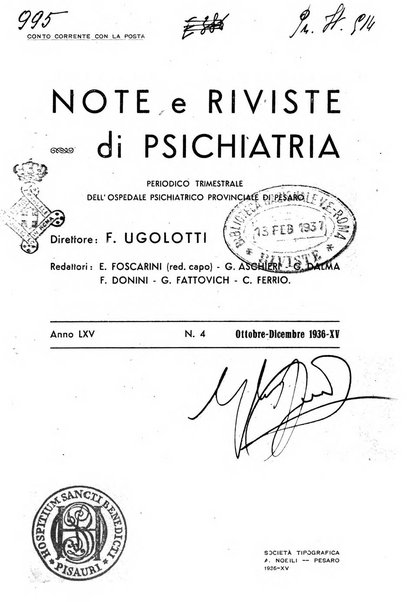 Note e riviste di psichiatria Manicomio provinciale di Pesaro