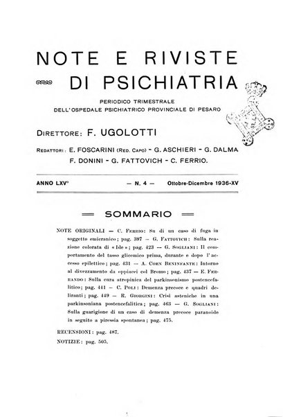 Note e riviste di psichiatria Manicomio provinciale di Pesaro