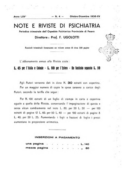 Note e riviste di psichiatria Manicomio provinciale di Pesaro