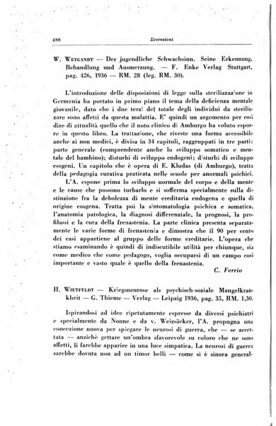 Note e riviste di psichiatria Manicomio provinciale di Pesaro