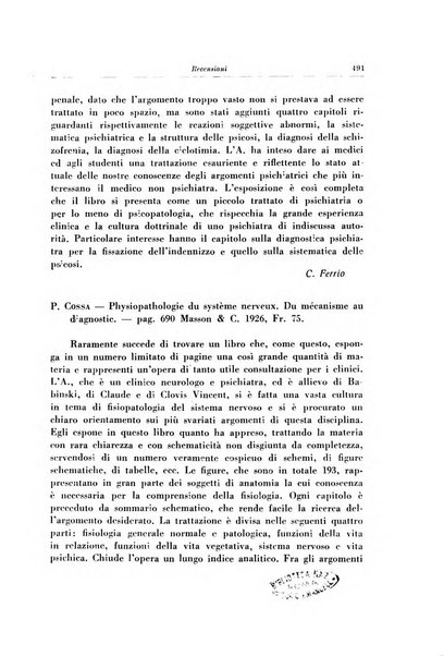 Note e riviste di psichiatria Manicomio provinciale di Pesaro