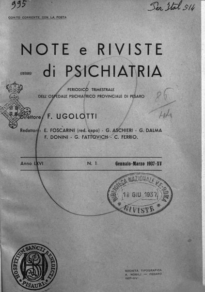 Note e riviste di psichiatria Manicomio provinciale di Pesaro