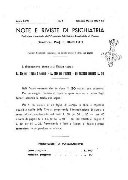 Note e riviste di psichiatria Manicomio provinciale di Pesaro