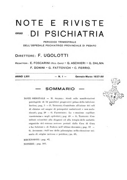 Note e riviste di psichiatria Manicomio provinciale di Pesaro