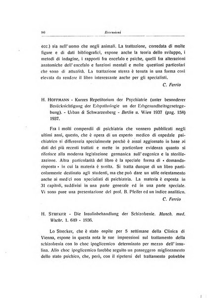 Note e riviste di psichiatria Manicomio provinciale di Pesaro