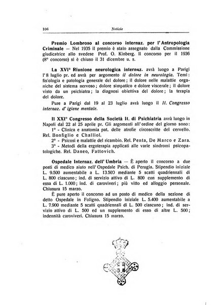 Note e riviste di psichiatria Manicomio provinciale di Pesaro