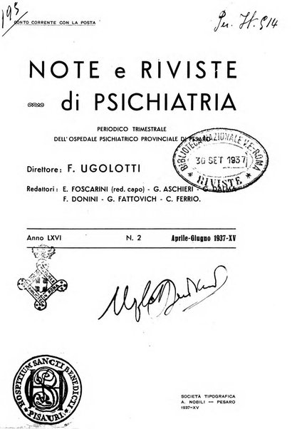 Note e riviste di psichiatria Manicomio provinciale di Pesaro