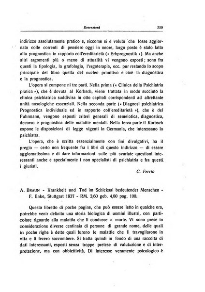 Note e riviste di psichiatria Manicomio provinciale di Pesaro