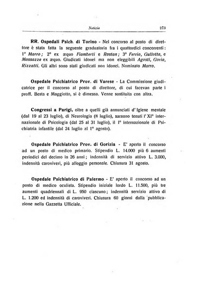 Note e riviste di psichiatria Manicomio provinciale di Pesaro