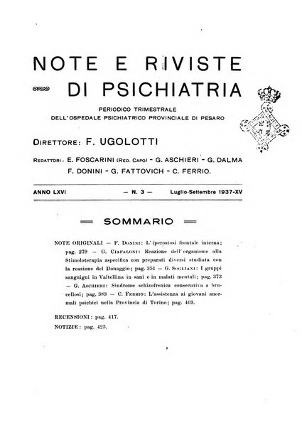 Note e riviste di psichiatria Manicomio provinciale di Pesaro