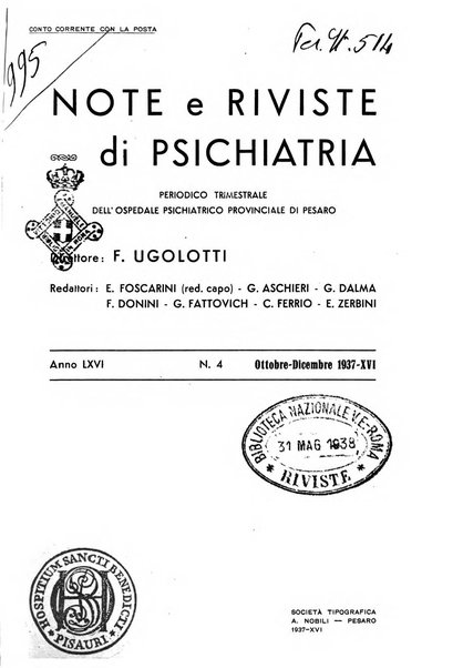 Note e riviste di psichiatria Manicomio provinciale di Pesaro