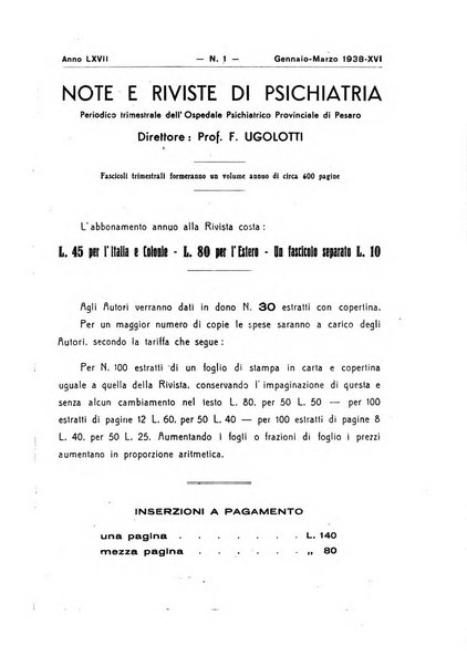 Note e riviste di psichiatria Manicomio provinciale di Pesaro