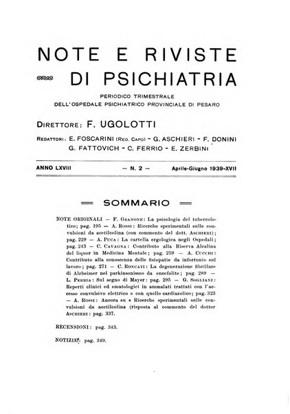 Note e riviste di psichiatria Manicomio provinciale di Pesaro