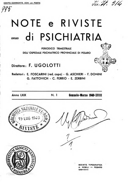 Note e riviste di psichiatria Manicomio provinciale di Pesaro