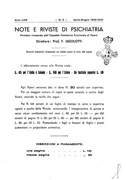 Note e riviste di psichiatria Manicomio provinciale di Pesaro