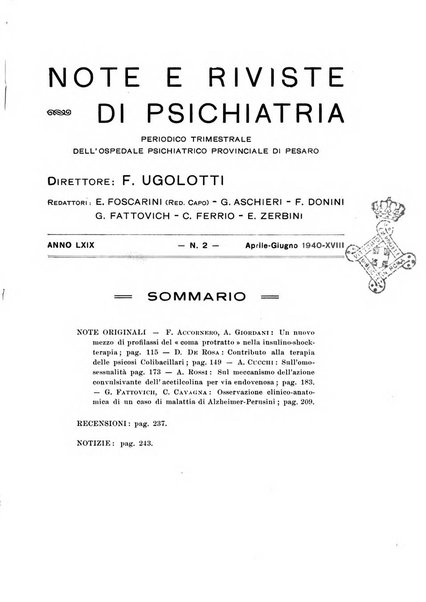 Note e riviste di psichiatria Manicomio provinciale di Pesaro