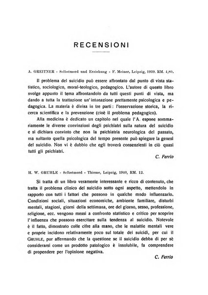 Note e riviste di psichiatria Manicomio provinciale di Pesaro