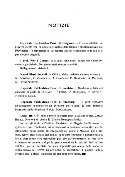 Note e riviste di psichiatria Manicomio provinciale di Pesaro