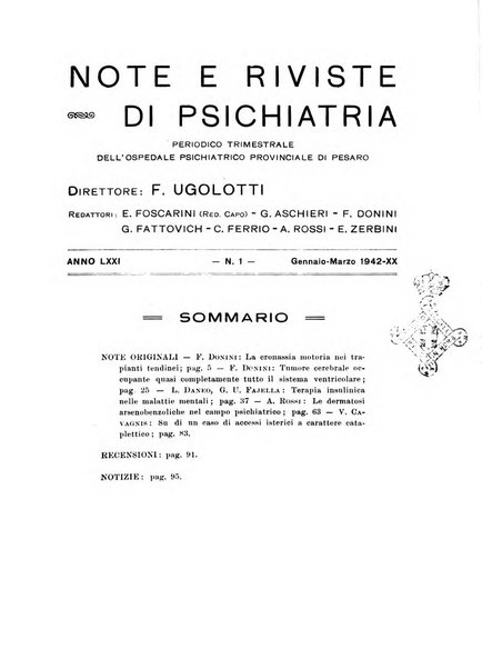 Note e riviste di psichiatria Manicomio provinciale di Pesaro