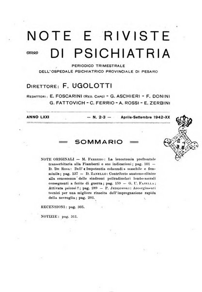 Note e riviste di psichiatria Manicomio provinciale di Pesaro