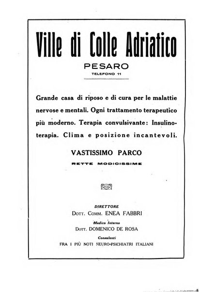 Note e riviste di psichiatria Manicomio provinciale di Pesaro