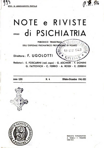 Note e riviste di psichiatria Manicomio provinciale di Pesaro