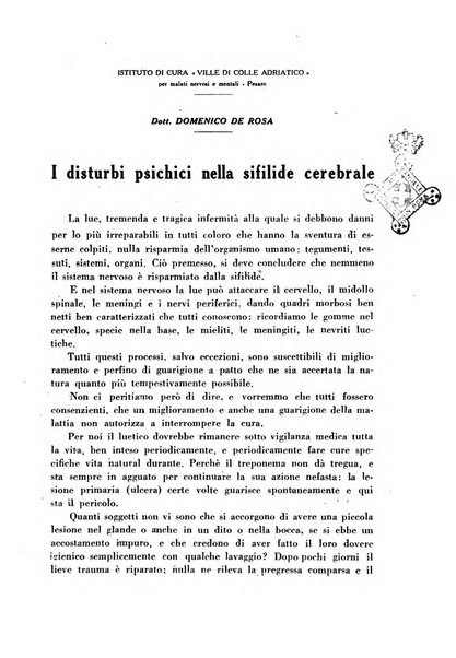 Note e riviste di psichiatria Manicomio provinciale di Pesaro