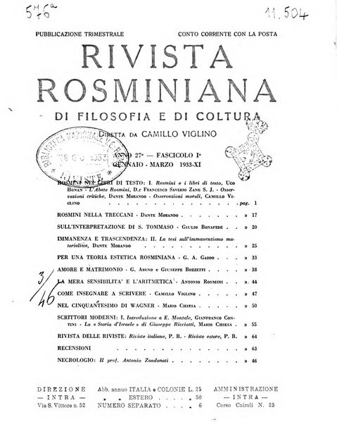 Rivista rosminiana di filosofia e di cultura