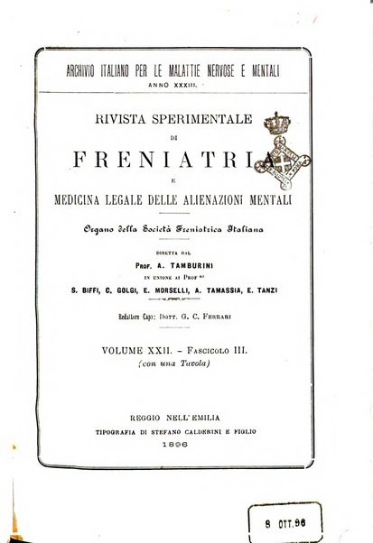 Rivista sperimentale di freniatria e medicina legale delle alienazioni mentali organo della Società freniatrica italiana