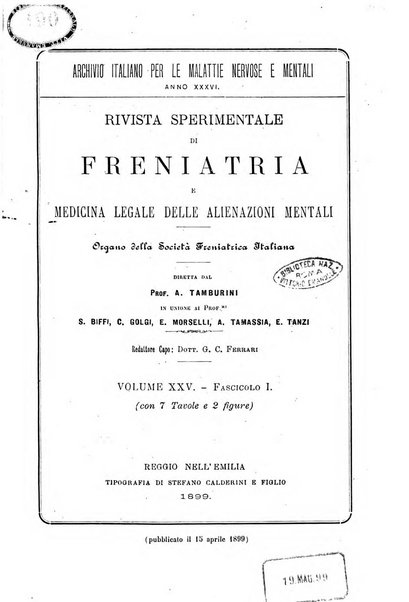 Rivista sperimentale di freniatria e medicina legale delle alienazioni mentali organo della Società freniatrica italiana