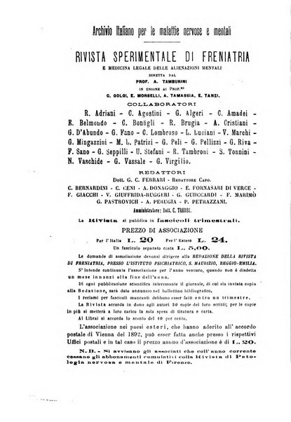 Rivista sperimentale di freniatria e medicina legale delle alienazioni mentali organo della Società freniatrica italiana